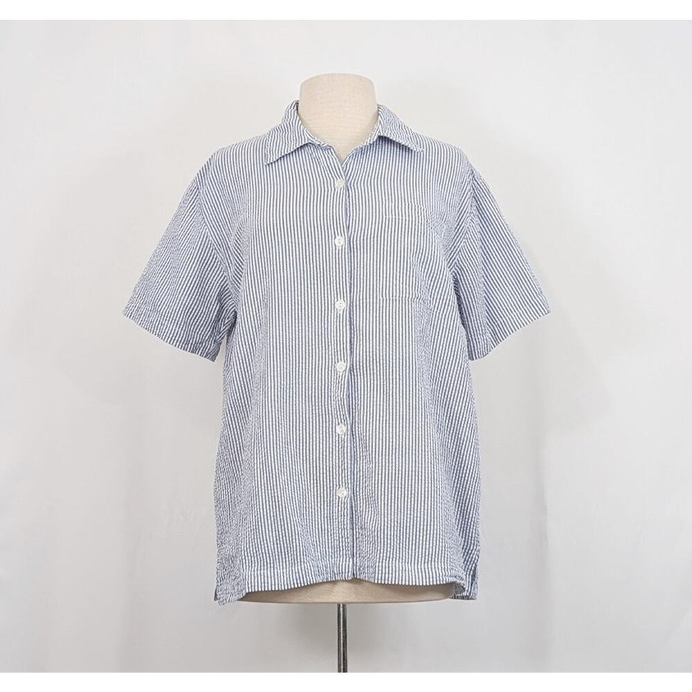 Vintage 90s Blouse Blue White Stripe Seersucker Short Sleeve Top Women's Size M